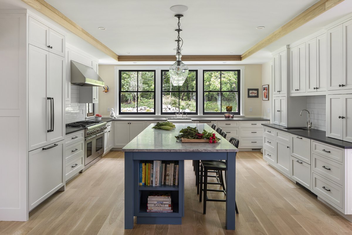 transitional kitchen with large island© Jacob Lilley Architects Needham, MA