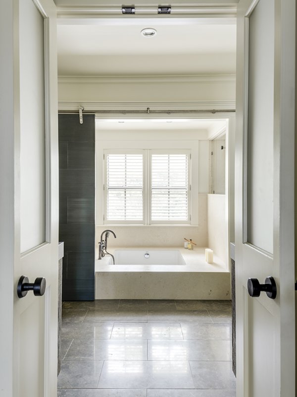 master bath with zinc barn door© Jacob Lilley Architects Lexington, MA
