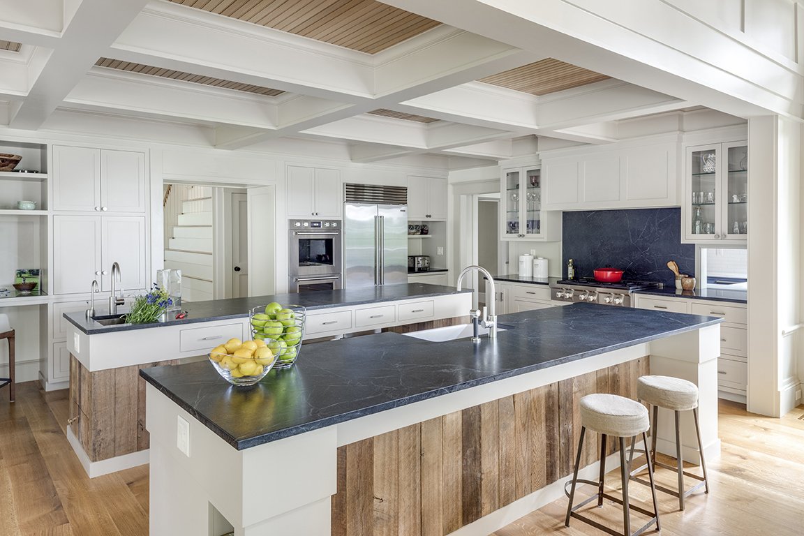kitchen with rustic island © Jacob Lilley Architects Lexington, MA